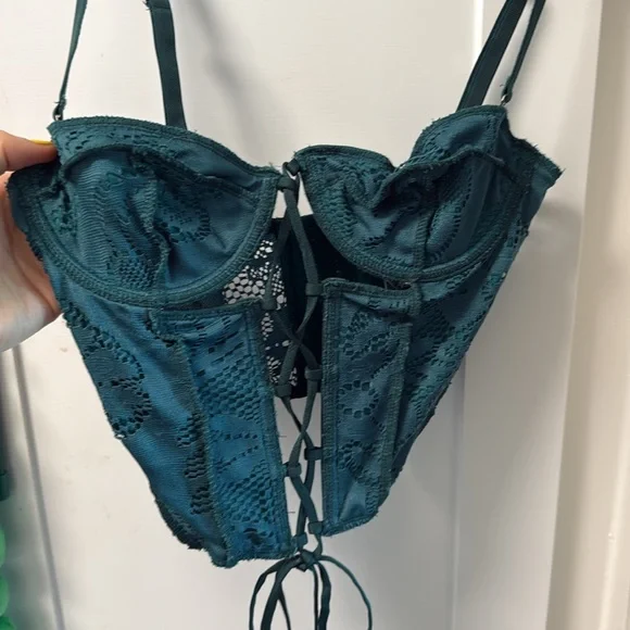 Teal Bustier Stretchy Mesh Corset Crop Top - Picture 3 of 7